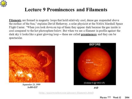 Lecture 9 Prominences and Filaments Filaments are formed in magnetic loops that hold relatively cool, dense gas suspended above the surface of the Sun,