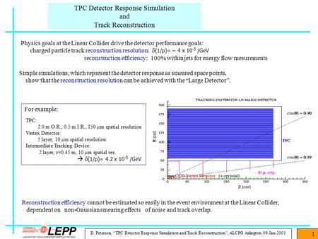 D. Peterson, “TPC Detector Response Simulation and Track Reconstruction”, ALCPG Arlington 09-Jan-2003 1 TPC Detector Response Simulation and Track Reconstruction.