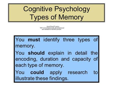Cognitive Psychology Types of Memory You must identify three types of memory. You should explain in detail the encoding, duration and capacity of each.
