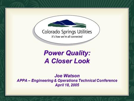 Power Quality: A Closer Look Joe Watson APPA – Engineering & Operations Technical Conference April 18, 2005.