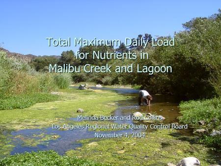 Los Angeles Regional Water Quality Control Board, November 4, 2004 1 Total Maximum Daily Load for Nutrients in Malibu Creek and Lagoon Melinda Becker and.