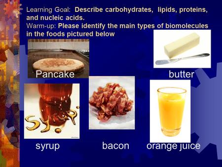 Learning Goal: Describe carbohydrates, lipids, proteins, and nucleic acids. Warm-up: Please identify the main types of biomolecules in the foods pictured.