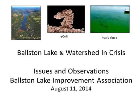 Ballston Lake & Watershed In Crisis Issues and Observations Ballston Lake Improvement Association August 11, 2014 eColi toxic algae.