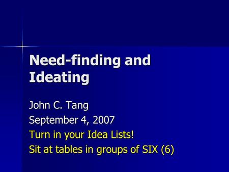 Need-finding and Ideating John C. Tang September 4, 2007 Turn in your Idea Lists! Sit at tables in groups of SIX (6)