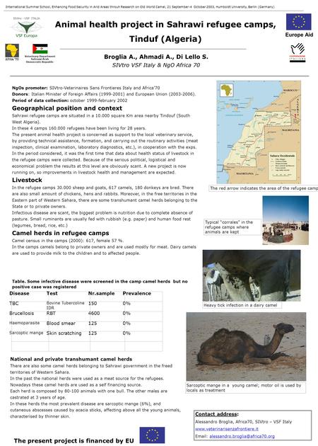 Animal health project in Sahrawi refugee camps, Tinduf (Algeria) NgOs promoter: SIVtro-Veterinaires Sans Frontieres Italy and Africa’70 Donors: Italian.