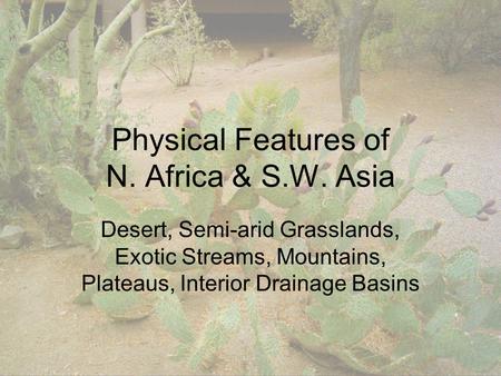 Physical Features of N. Africa & S.W. Asia Desert, Semi-arid Grasslands, Exotic Streams, Mountains, Plateaus, Interior Drainage Basins.