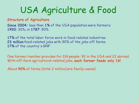 USA Agriculture & Food Structure of Agriculture Since 2004: less than 1% of the USA population were farmers; 1920: 30%; in 1787: 90% 17% of the total labor.
