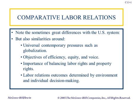 McGraw-Hill/Irwin © 2005 The McGraw-Hill Companies, Inc., All Rights Reserved. C13-1 COMPARATIVE LABOR RELATIONS Note the sometimes great differences with.
