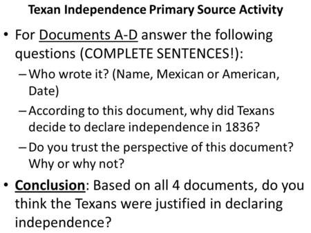 Texan Independence Primary Source Activity