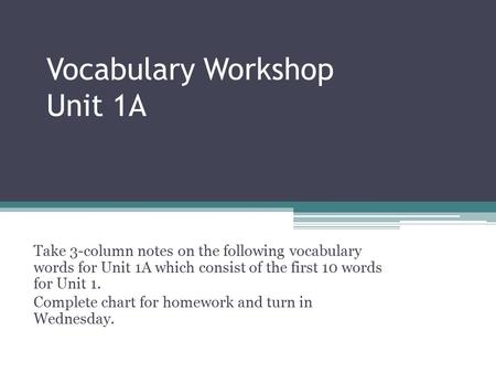 Vocabulary Workshop Unit 1A Take 3-column notes on the following vocabulary words for Unit 1A which consist of the first 10 words for Unit 1. Complete.