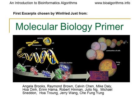 Www.bioalgorithms.infoAn Introduction to Bioinformatics Algorithms Molecular Biology Primer Angela Brooks, Raymond Brown, Calvin Chen, Mike Daly, Hoa Dinh,