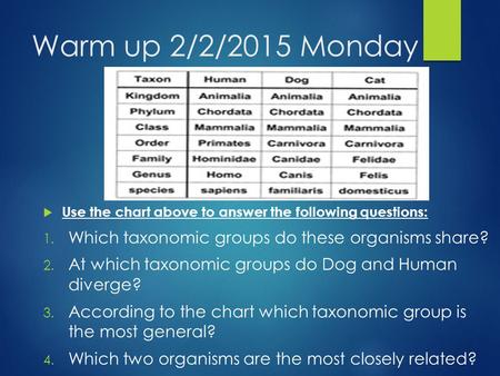 Warm up 2/2/2015 Monday  Use the chart above to answer the following questions: 1. Which taxonomic groups do these organisms share? 2. At which taxonomic.