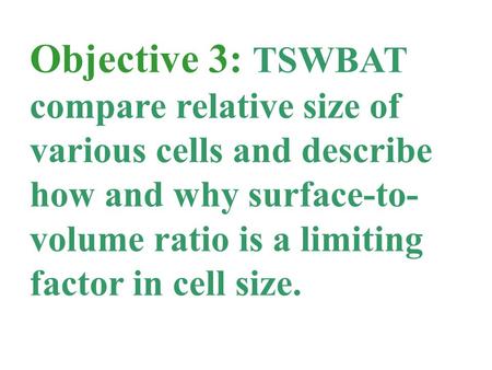 Objective 3: TSWBAT compare relative size of various cells and describe how and why surface-to- volume ratio is a limiting factor in cell size.