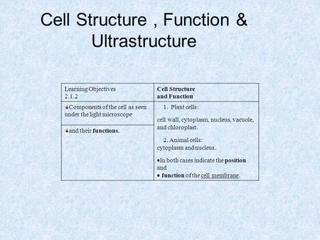 Cell Structure, Function & Ultrastructure Learning Objectives 2.1.2 Cell Structure and Function Components of the cell as seen under the light microscope.