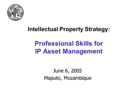 Intellectual Property Strategy: Professional Skills for IP Asset Management June 6, 2005 Maputo, Mozambique.