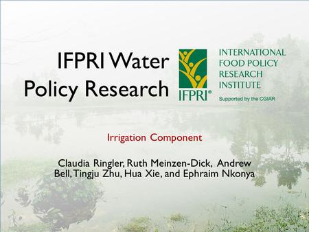 IFPRI Water Policy Research Irrigation Component Claudia Ringler, Ruth Meinzen-Dick, Andrew Bell, Tingju Zhu, Hua Xie, and Ephraim Nkonya.