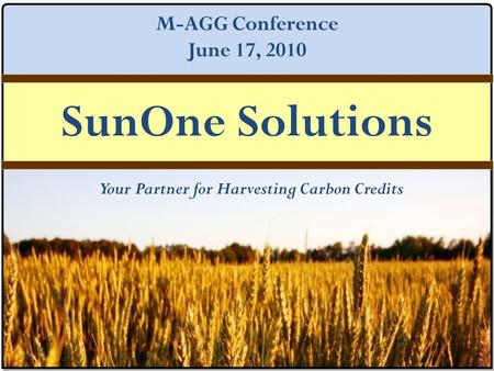SUNONE SOLUTIONS Your Partner for Harvesting Carbon Credits SunOne Solutions M-AGG Conference June 17, 2010.