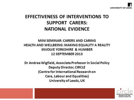 EFFECTIVENESS OF INTERVENTIONS TO SUPPORT CARERS: NATIONAL EVIDENCE MINI SEMINAR: CARERS AND CARING HEALTH AND WELLBEING: MAKING EQUALITY A REALITY INVOLVE.