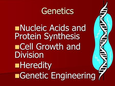 Nucleic Acids and Protein Synthesis Nucleic Acids and Protein Synthesis Cell Growth and Division Cell Growth and Division Heredity Heredity Genetic Engineering.