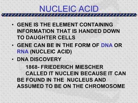 NUCLEIC ACID GENE IS THE ELEMENT CONTAINING INFORMATION THAT IS HANDED DOWN TO DAUGHTER CELLS (NUCLEIC ACID)GENE CAN BE IN THE FORM OF DNA OR RNA (NUCLEIC.