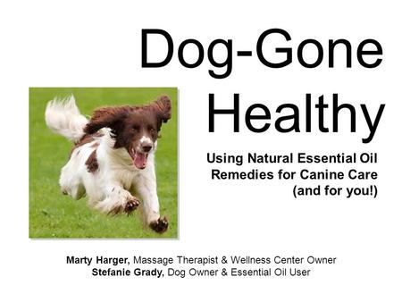 Dog-Gone Healthy Using Natural Essential Oil Remedies for Canine Care (and for you!) Marty Harger, Massage Therapist & Wellness Center Owner Stefanie Grady,