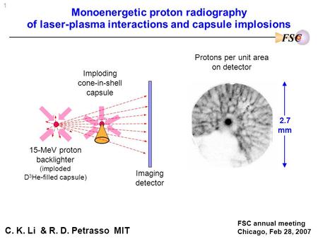 1 Monoenergetic proton radiography of laser-plasma interactions and capsule implosions 2.7 mm 15-MeV proton backlighter (imploded D 3 He-filled capsule)