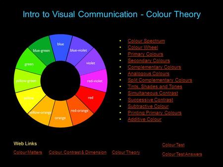 Intro to Visual Communication - Colour Theory Colour Spectrum Colour Wheel Primary Colours Secondary Colours Complementary Colours Analogous Colours Split.