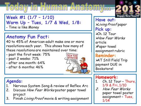 Week #1 (1/7 – 1/10) Warm Up – Tues, 1/7 & Wed, 1/8: - Time is like Money Have out:  Living Proof paper Pick up:  Ch. 12 Tour  How Fear Works article.