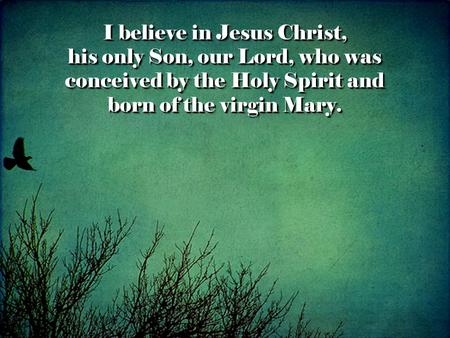 I believe in Jesus Christ, his only Son, our Lord, who was conceived by the Holy Spirit and born of the virgin Mary. I believe in Jesus Christ, his only.