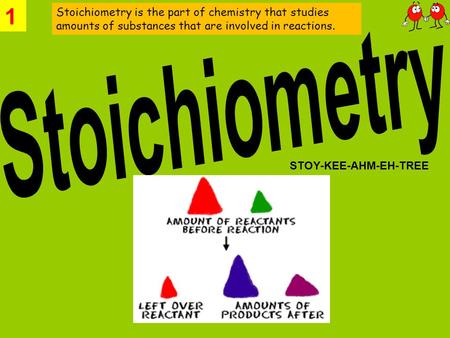 1 Stoichiometry is the part of chemistry that studies amounts of substances that are involved in reactions. Stoichiometry STOY-KEE-AHM-EH-TREE.
