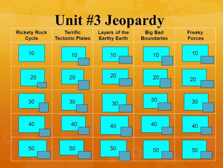 Unit #3 Jeopardy Rickety Rock Cycle Terrific Tectonic Plates Layers of the Earthy Earth Big Bad Boundaries Freaky Forces 1 20 30 40 50 10 20 40 30 20.