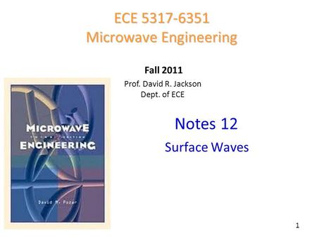 Notes 12 ECE 5317-6351 Microwave Engineering Fall 2011 1 Surface Waves Prof. David R. Jackson Dept. of ECE Fall 2011.