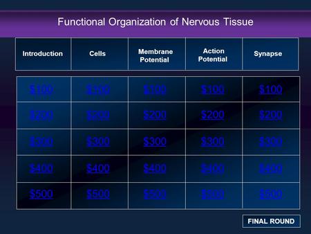 Functional Organization of Nervous Tissue $100 $200 $300 $400 $500 $100$100$100 $200 $300 $400 $500 Introduction FINAL ROUND Cells Membrane Potential Action.