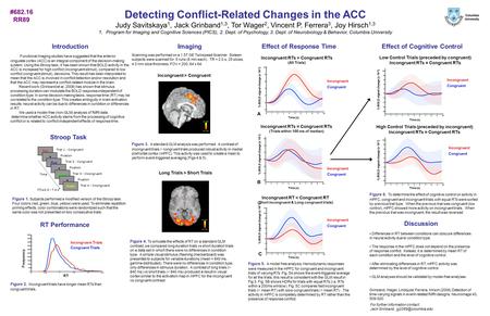 Detecting Conflict-Related Changes in the ACC Judy Savitskaya 1, Jack Grinband 1,3, Tor Wager 2, Vincent P. Ferrera 3, Joy Hirsch 1,3 1.Program for Imaging.