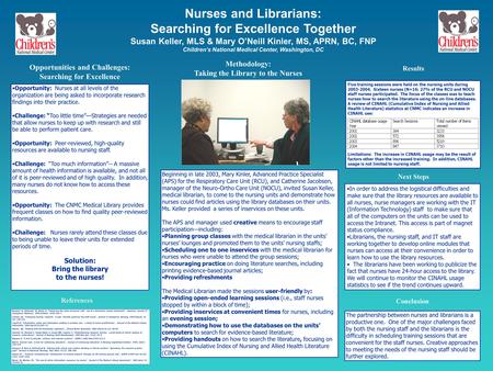 Nurses and Librarians: Searching for Excellence Together Susan Keller, MLS & Mary O’Neill Kinler, MS, APRN, BC, FNP Children’s National Medical Center,
