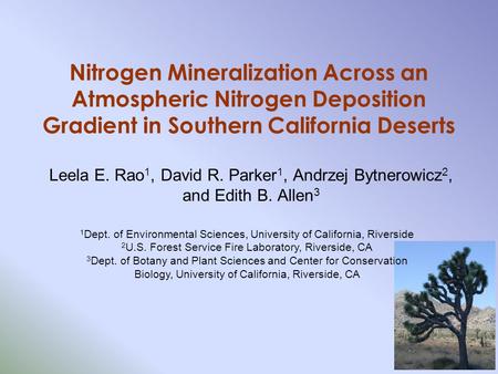 Nitrogen Mineralization Across an Atmospheric Nitrogen Deposition Gradient in Southern California Deserts Leela E. Rao 1, David R. Parker 1, Andrzej Bytnerowicz.