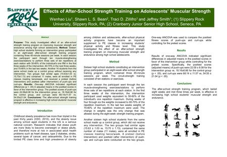 Effects of After-School Strength Training on Adolescents' Muscular Strength Wenhao Liu 1, Shawn L. S. Bean 2, Traci D. Zillifro 1 and Jeffrey Smith 1 ;