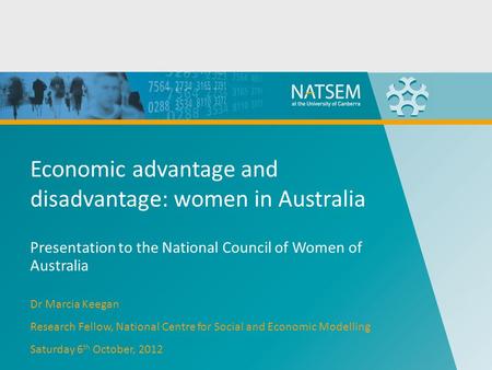 Economic advantage and disadvantage: women in Australia Presentation to the National Council of Women of Australia Dr Marcia Keegan Research Fellow, National.