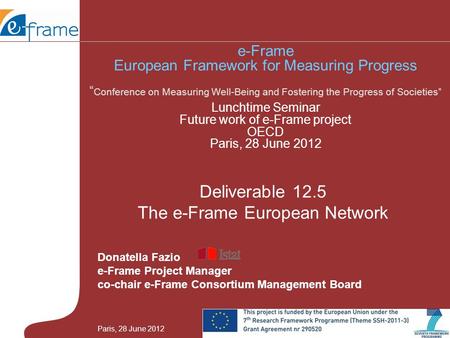 Donatella Fazio e-Frame Project Manager co-chair e-Frame Consortium Management Board Deliverable 12.5 The e-Frame European Network e-Frame European Framework.