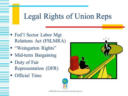 AFGE Education and Leadership Development Legal Rights of Union Reps  Fed’l Sector Labor Mgt Relations Act (FSLMRA)  “Weingarten Rights”  Mid-term.