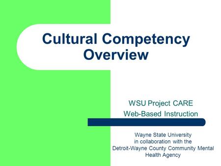 Cultural Competency Overview WSU Project CARE Web-Based Instruction Wayne State University in collaboration with the Detroit-Wayne County Community Mental.