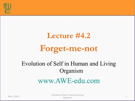 1 Evolution of Self in Human & Living Organism Lecture #4.2 Forget-me-not Evolution of Self in Human and Living Organism www.AWE-edu.com Mar 2, 2013.