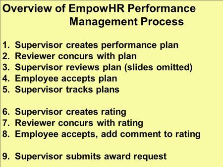 Overview of EmpowHR Performance Management Process 1.Supervisor creates performance plan 2.Reviewer concurs with plan 3.Supervisor reviews plan (slides.
