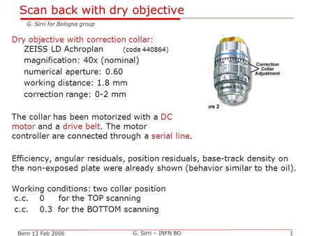 Bern 13 Feb 2006 G. Sirri – INFN BO1 Scan back with dry objective G. Sirri for Bologna group Dry objective with correction collar: ZEISS LD Achroplan (code.