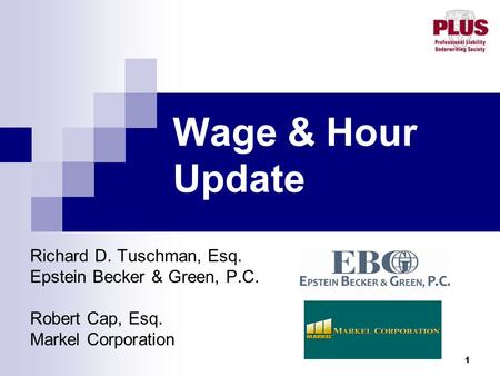 1 Wage & Hour Update Richard D. Tuschman, Esq. Epstein Becker & Green, P.C. Robert Cap, Esq. Markel Corporation.