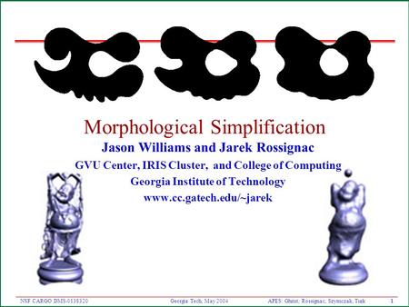 APES: Ghrist, Rossignac, Szymczak, Turk1 NSF CARGO DMS-0138320 Georgia Tech, May 2004 Morphological Simplification Jason Williams and Jarek Rossignac.