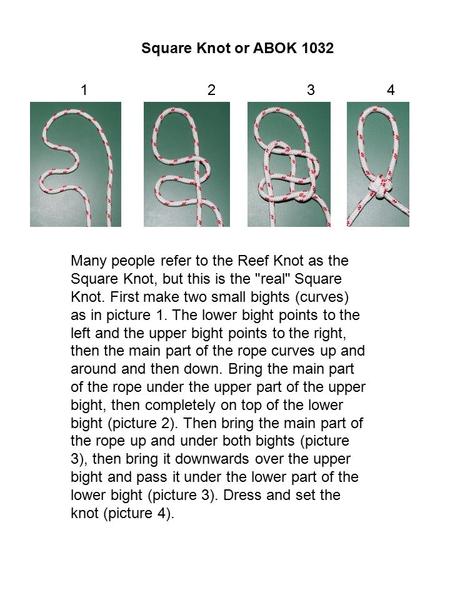 Square Knot or ABOK 1032 1 2 3 4 Many people refer to the Reef Knot as the Square Knot, but this is the real Square Knot. First make two small bights.