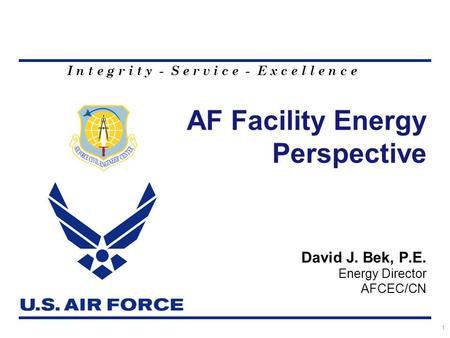 I n t e g r i t y - S e r v i c e - E x c e l l e n c e AF Facility Energy Perspective 1 David J. Bek, P.E. Energy Director AFCEC/CN.