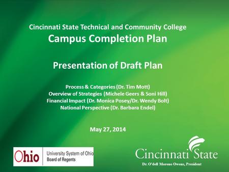 Cincinnati State Technical and Community College Campus Completion Plan Presentation of Draft Plan Process & Categories (Dr. Tim Mott) Overview of Strategies.
