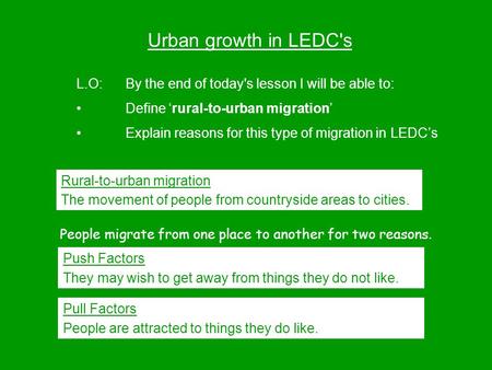 Urban growth in LEDC's L.O:By the end of today's lesson I will be able to: Define ‘rural-to-urban migration’ Explain reasons for this type of migration.